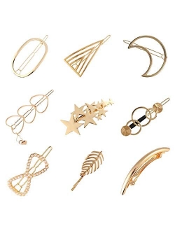 9 Pack Vintage Minimalist Bowknot Circle Moon Star Branch Pearl Metal Gold Hair Clips Hairpins Snap Barrettes Comb Claw Clamp Wedding Bridal Decorative Hair Styling Ornam