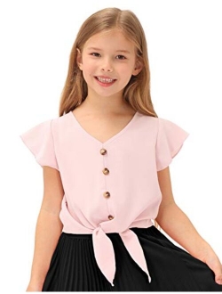 Girls Short Sleeve Shirts V Neck Ruffle Tie Knot Tops Solid Color Summer Shirts Blouse