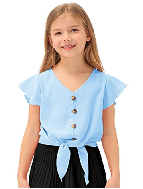 GRACE KARIN Girls Short Sleeve Shirts V Neck Ruffle Tie Knot Tops Solid Color Summer Shirts Blouse