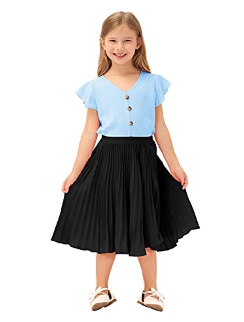 GRACE KARIN Girls Short Sleeve Shirts V Neck Ruffle Tie Knot Tops Solid Color Summer Shirts Blouse