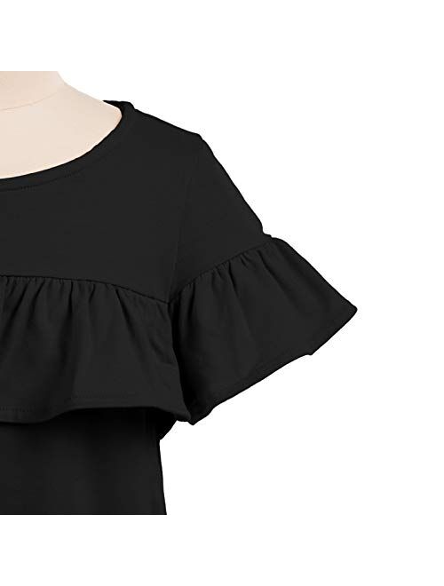 GRACE KARIN Girls Casual Crew Neck Ruffle Short Sleeve A-Line Cotton Dress