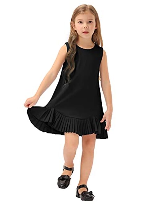 GRACE KARIN Girl's Sleeveless Dresses Round Neck Pleated Hem Solid Color Casual T-Shirt Dress