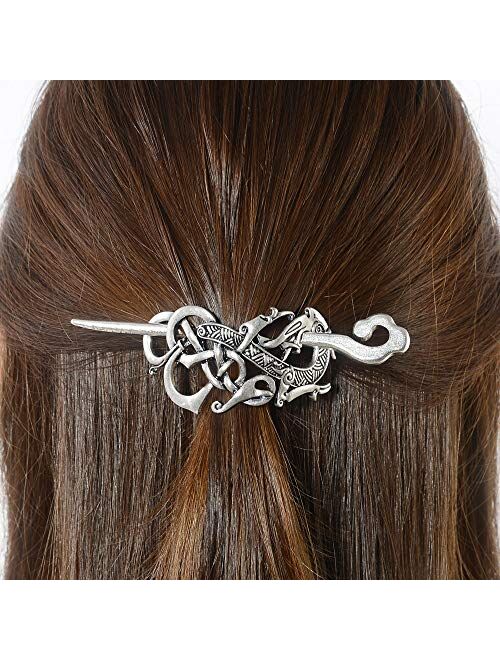 Viking Celtic Hair Clips Hairpin-Viking Hair Sticks Ladies Hair Accessories Dragon Clips for Long Hair Slide Pin Irish Antique Silver Hairstick Celtic Knot Viking Jewelry