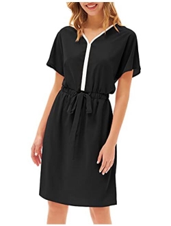Women's Midi Dress Casual Summer Tunic Drawstring Dresses Short Batwing Sleeves with Pockets