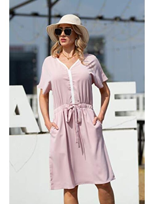 GRACE KARIN Women's Midi Dress Casual Summer Tunic Drawstring Dresses Short Batwing Sleeves with Pockets