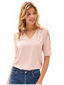 Women Short Puff Sleeve V Neck Tops Casual Loose Pleated Shirt Blouse