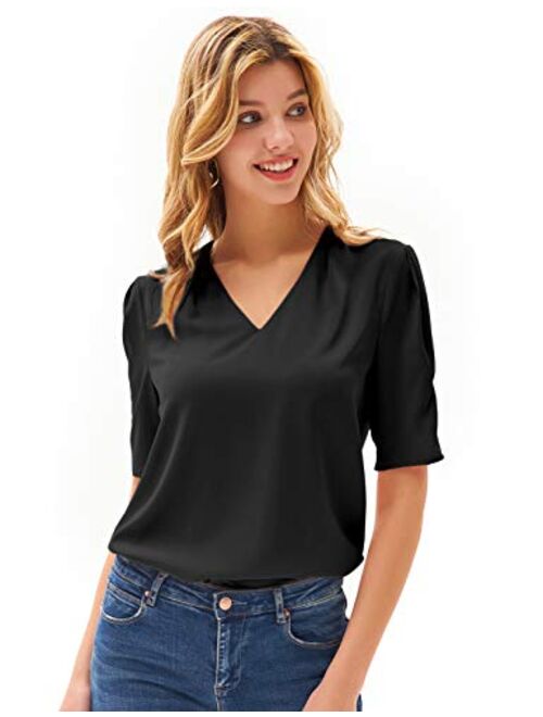 GRACE KARIN Women Short Puff Sleeve V Neck Tops Casual Loose Pleated Shirt Blouse