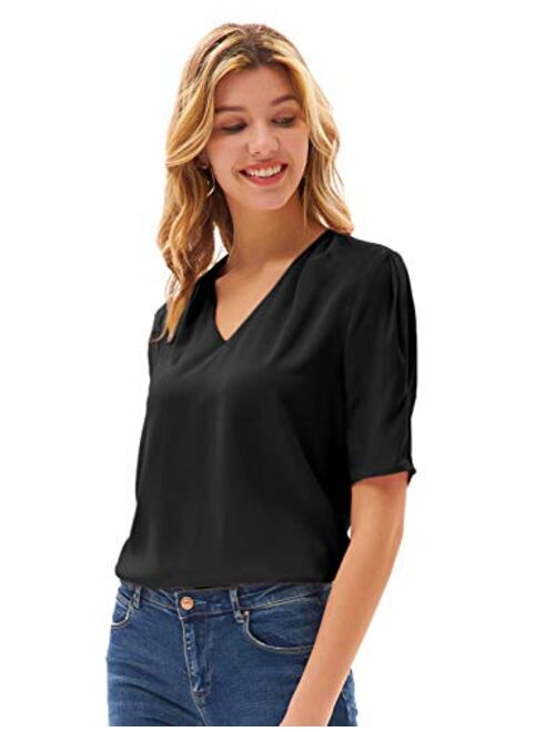 GRACE KARIN Women Short Puff Sleeve V Neck Tops Casual Loose Pleated Shirt Blouse