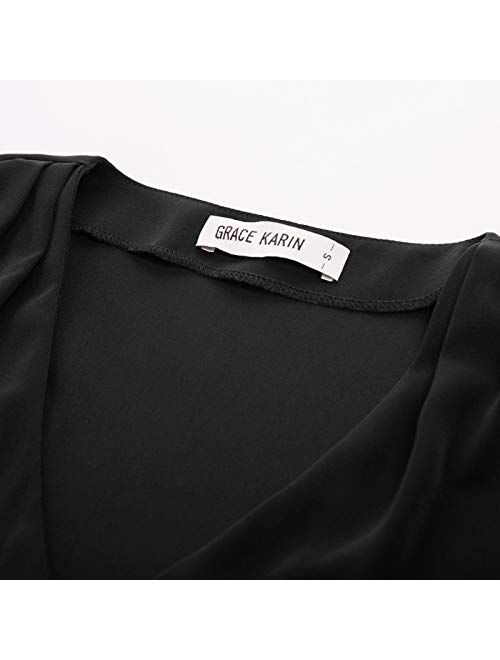 GRACE KARIN Women Short Puff Sleeve V Neck Tops Casual Loose Pleated Shirt Blouse