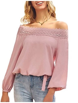 Women's Lantern Long Sleeve Lace Crochet Off The Shoulder Tops Loose Blouses Tops Shirt
