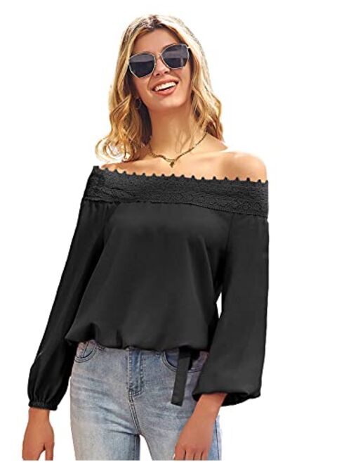 Asvivid Women's Lantern Long Sleeve Lace Crochet Off The Shoulder Tops Loose Blouses Tops Shirt