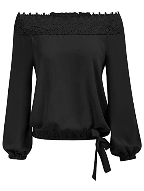 Asvivid Women's Lantern Long Sleeve Lace Crochet Off The Shoulder Tops Loose Blouses Tops Shirt