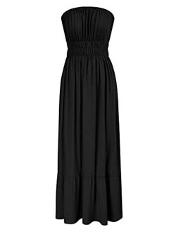 Women Strapless Casual Loose Ruched Long Maxi Dress with Pockets