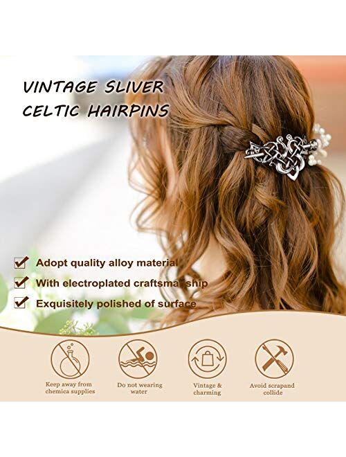 4 Pieces Celtic Hair Accessories Metal Viking Celtic Hair Clips Metal Hairpin Celtic Knot Hair Clips Retro Silver Hair Sticks Hair Pin for Women and Ladies
