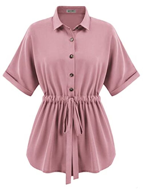 GRACE KARIN Women's V Neck Button Down Shirt Bat Roll-up Sleeve Drawstring Casual Work Blouses