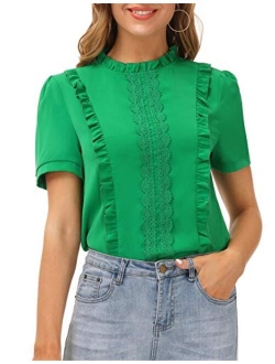 Women's Puff Sleeve Lace Trim Crew Neck Keyhole Casual Work Blouse Tops