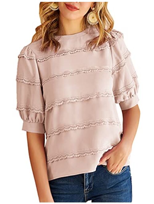 GRACE KARIN Women's Puff Sleeve Lace Trim Crew Neck Keyhole Casual Work Blouse Tops