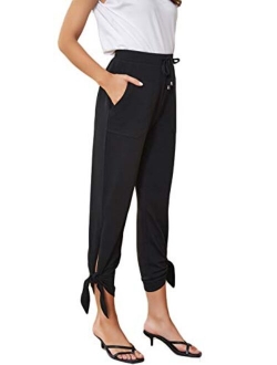 Women's Straight Leg Casaul Cropped Pants Drawstring Trousers with Pockets