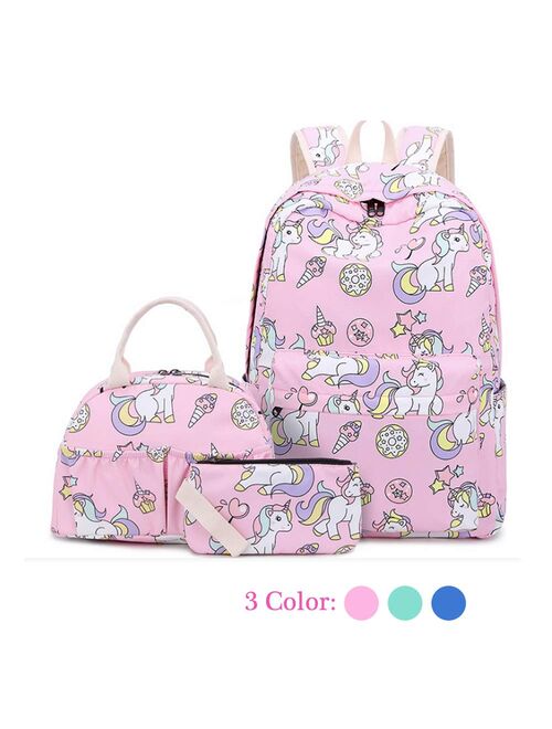 Unicorn Backpack Set for Girls Kids Teens School Bag Bookbag Travel Daypack with Lunch Tote Bag Pencil Case Purse Bag 3 in 1 Set