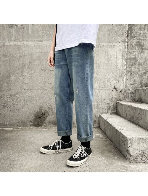 2020 new fashion men's jeans brand hip hop autumn torn men's solid cotton straight tube loose vintage washed jeans streetwear