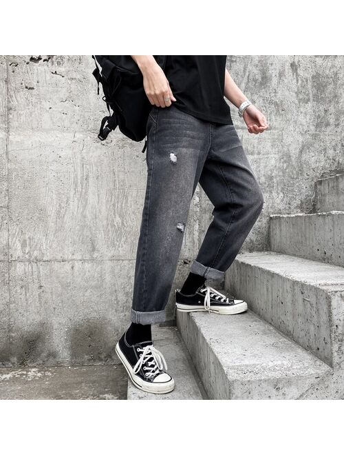 2020 new fashion men's jeans brand hip hop autumn torn men's solid cotton straight tube loose vintage washed jeans streetwear
