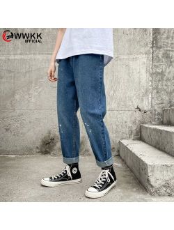 WWKK Mens Korean Fashoins Harem Blue Jeans Pants 2020 Vintage Straight Pants Harajuku Jeans Baggy Belt High Quality Denim