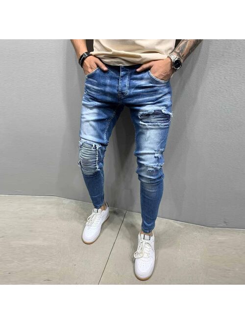 Jeans Men's Broken Hole Pencil Jeans Vintage Solid Denim Trouser Distressed Jeans Slim Men Trousers Street Clothing Джинсы