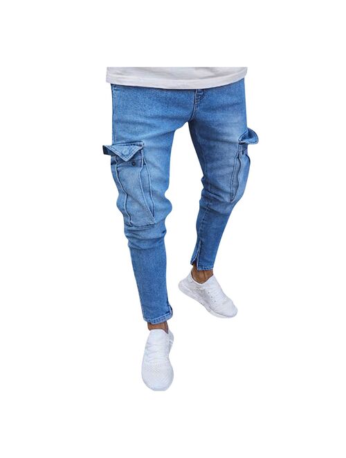 Men's and summer hole washed casual pants trousers Mens Casual Fitness Pocket Length Sports Denim Pants Bodybuilding jeans