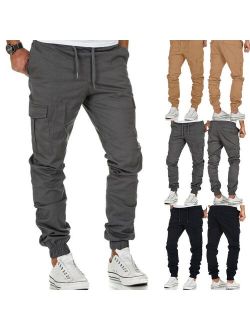 Mens Casual Slim Fit Pants Summer Cargo Stretch Solid Outwear Trousers Fashion Elastic Drawstring Pockets Sport Long Pants
