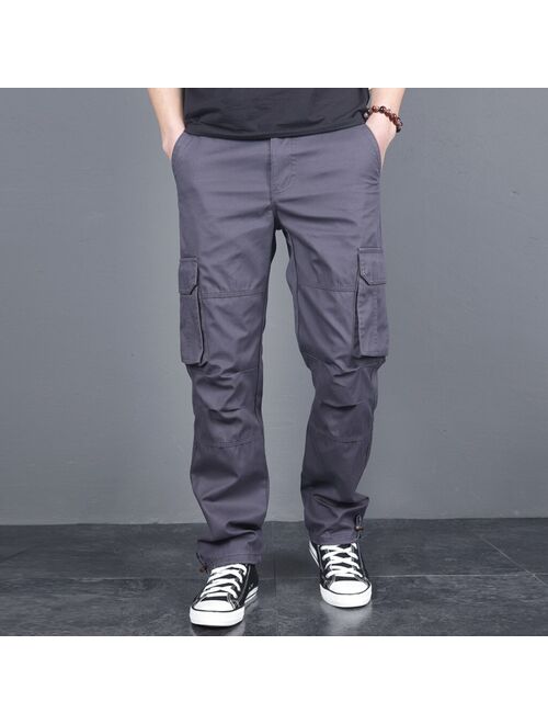 Jogging Sports Pants Men Loose Multi-Pocket Straight Pants Solid Color Casual Hip-Hop Streetwear Outdoor Running Pants Plus Size