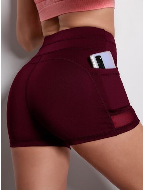 Shein Solid Mesh Insert Sports Shorts With Phone Pocket