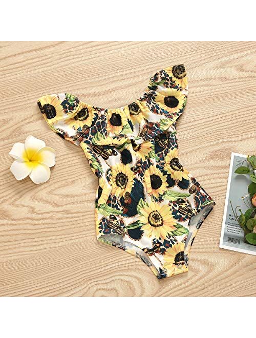 Toddler Baby Girl Floral One-Piece Swimsuit Summer Sunflower Print Ruffle Neck Sleeveless Swimwear Girls Beachwear 12M-5T