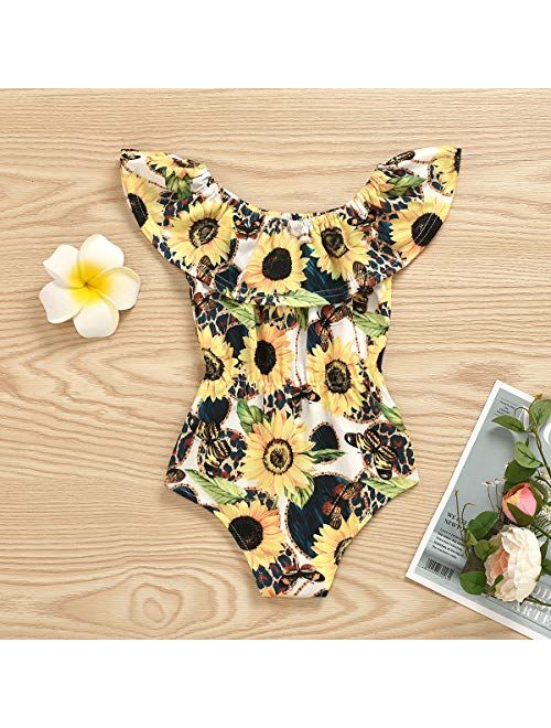 Toddler Baby Girl Floral One-Piece Swimsuit Summer Sunflower Print Ruffle Neck Sleeveless Swimwear Girls Beachwear 12M-5T