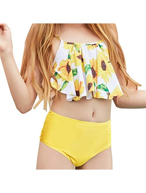 Girls Two Piece Sport Halter Bikini Swimsuit Ruffles Sunflower Printed Swimwear Quick Dry Bathing Suit Set Beachwear