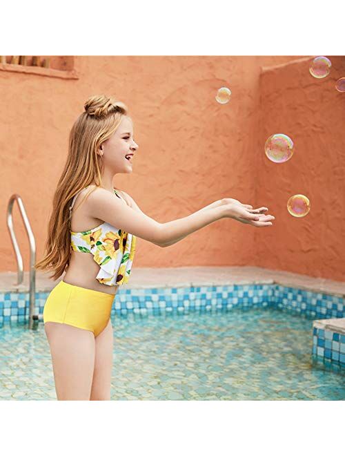 Girls Two Piece Sport Halter Bikini Swimsuit Ruffles Sunflower Printed Swimwear Quick Dry Bathing Suit Set Beachwear