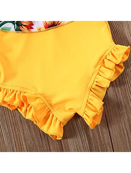 BroStrongwn Toddler Baby Girls Sunflower Print Ruffle One Piece Swimsuit Swimwear Beach Bathing Suit with Headband