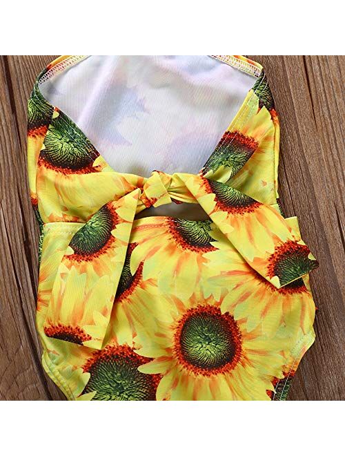 Little Girls Sunflower Print Swimwear, Backless One-piece Swimsuit, Halter Bathing Suit