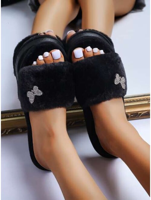 Shein Rhinestone Decor Fluffy Slippers