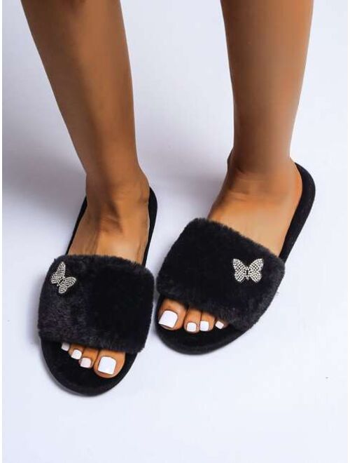 Shein Rhinestone Decor Fluffy Slippers