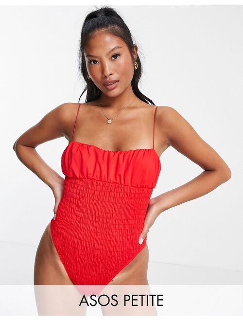 Asos Design petite shirred body swimsuit in red