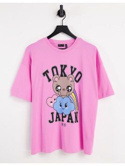 oversized T-shirt with Tokyo character print in bright pink