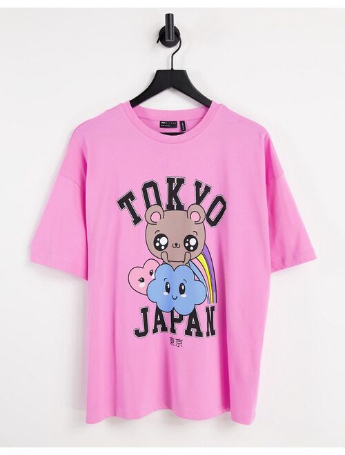 Asos Design oversized T-shirt with Tokyo character print in bright pink