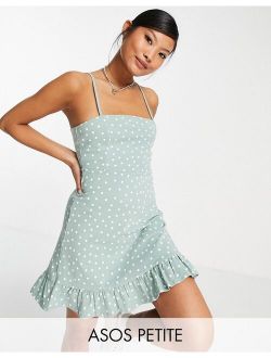 Petite strappy sundress with pep hem in sage with white polka dot