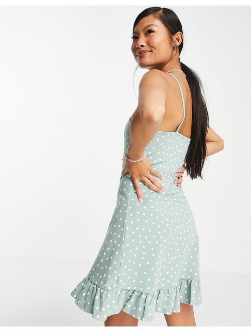 Asos Design Petite strappy sundress with pep hem in sage with white polka dot