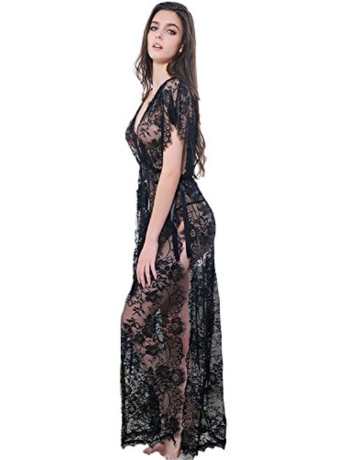QinMi Lover Women's Lace Babydoll Dress Nightwear Side Split Long Gown Lingerie with Thong