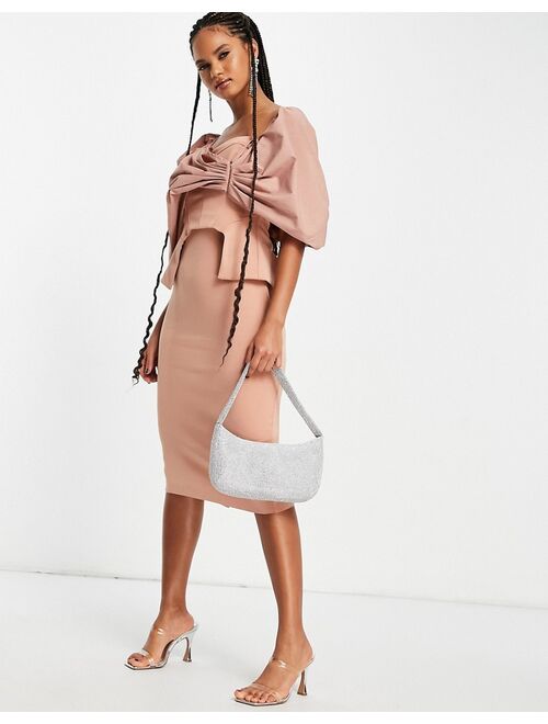 Asos Design poplin overlay corseted pencil midi dress in camel