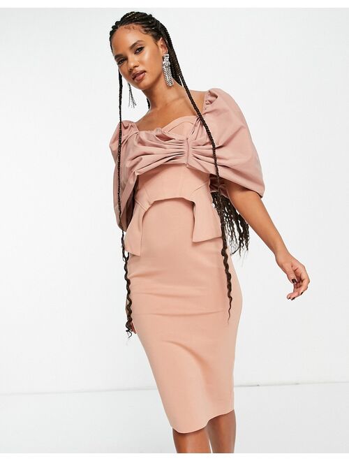 Asos Design poplin overlay corseted pencil midi dress in camel