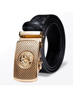 Hi-Tie Automatic Men's Belt with Gold Buckle Fashion Business Style Black Solid Leather Belts with Brand Buckle Belts for Men