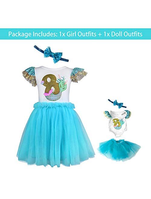 ZITA ELEMENT Girl Matching Doll Clothes Outfits - 2 Sets Clothes and Hair Accessories for American 18 Inch Girl Doll and Girls - 2 Shirts Jumpsuits, 2 Tutu and 2 Sequin B