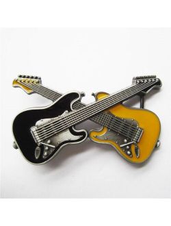Retail Distribute Black Yellow Crossed Double Guitars Belt Buckle BUCKLE-MU094BKYE  Free Shipping